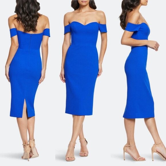NEW Dress The Population Bailey Dress Electric Blue Size XXL Midi Off Sheath - Picture 1 of 12
